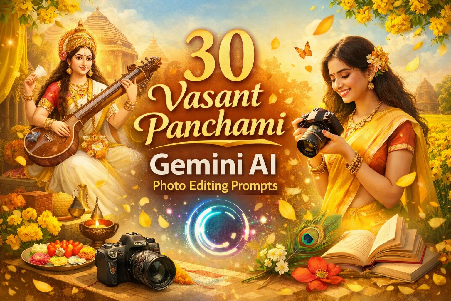 Top 30 Maa Saraswati Gemini AI Prompts | Glowing & Divine AI Art Ideas
