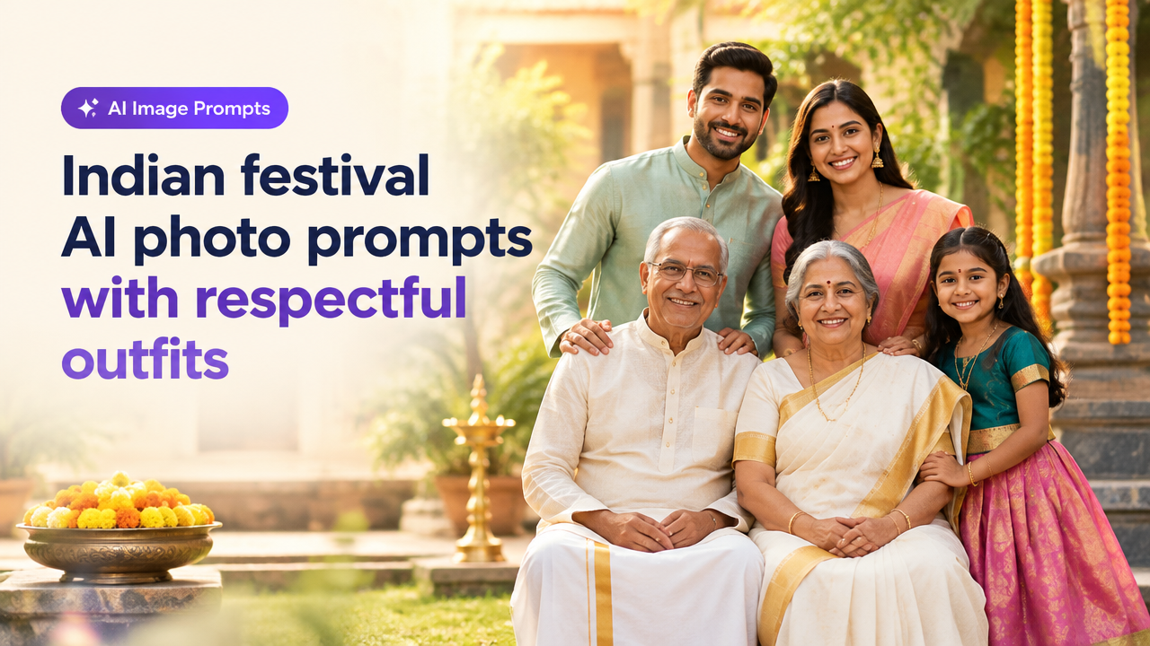 Indian festival AI photo prompts with respectful outfits featured poster