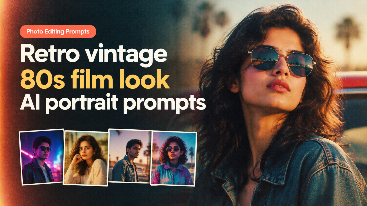 Retro vintage 80s film look AI portrait prompts featured poster