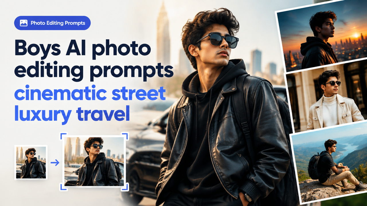 Boys AI photo editing prompts cinematic street luxury travel featured poster